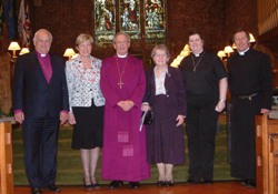 At the special service for Bishop and Mrs Poyntz are, from left: Lord Eames, Lady Christine Eames, Bishop Samuel Poyntz, Mrs Noreen Poynz, Rev Louise Stewart and Canon John Mann.